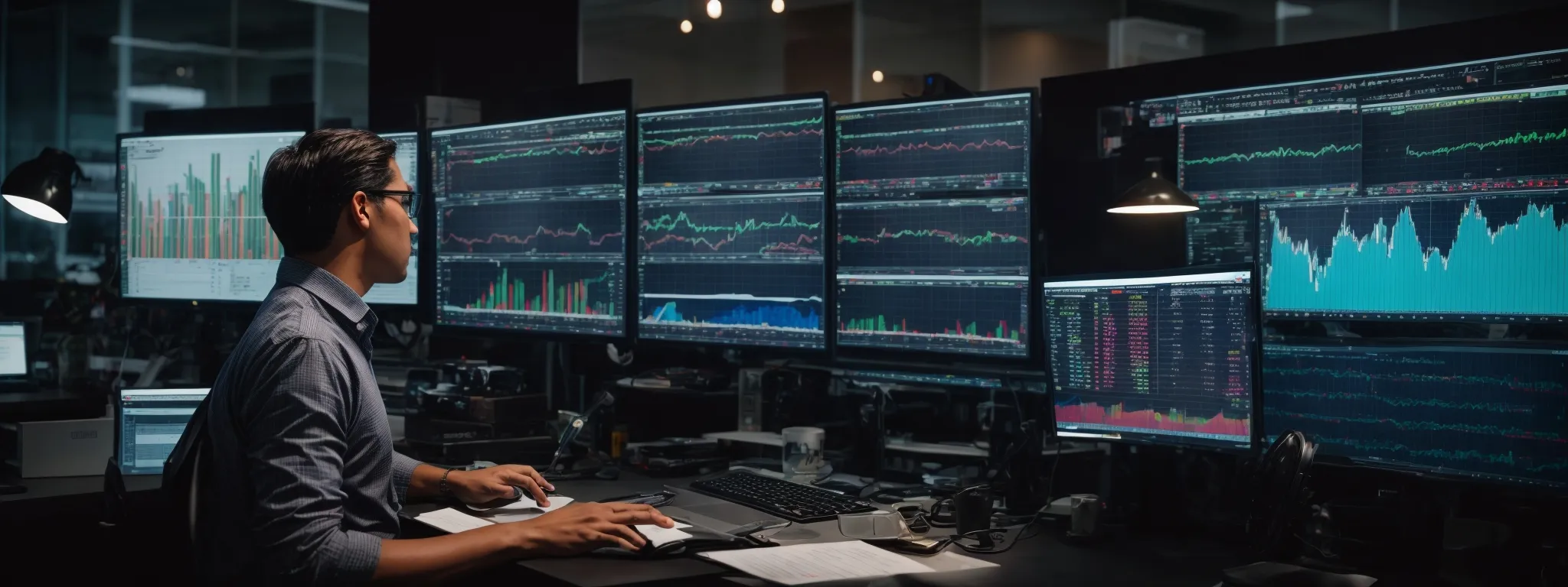 a professional at a desk with multiple monitors displaying colorful analytics charts and graphs related to market research.