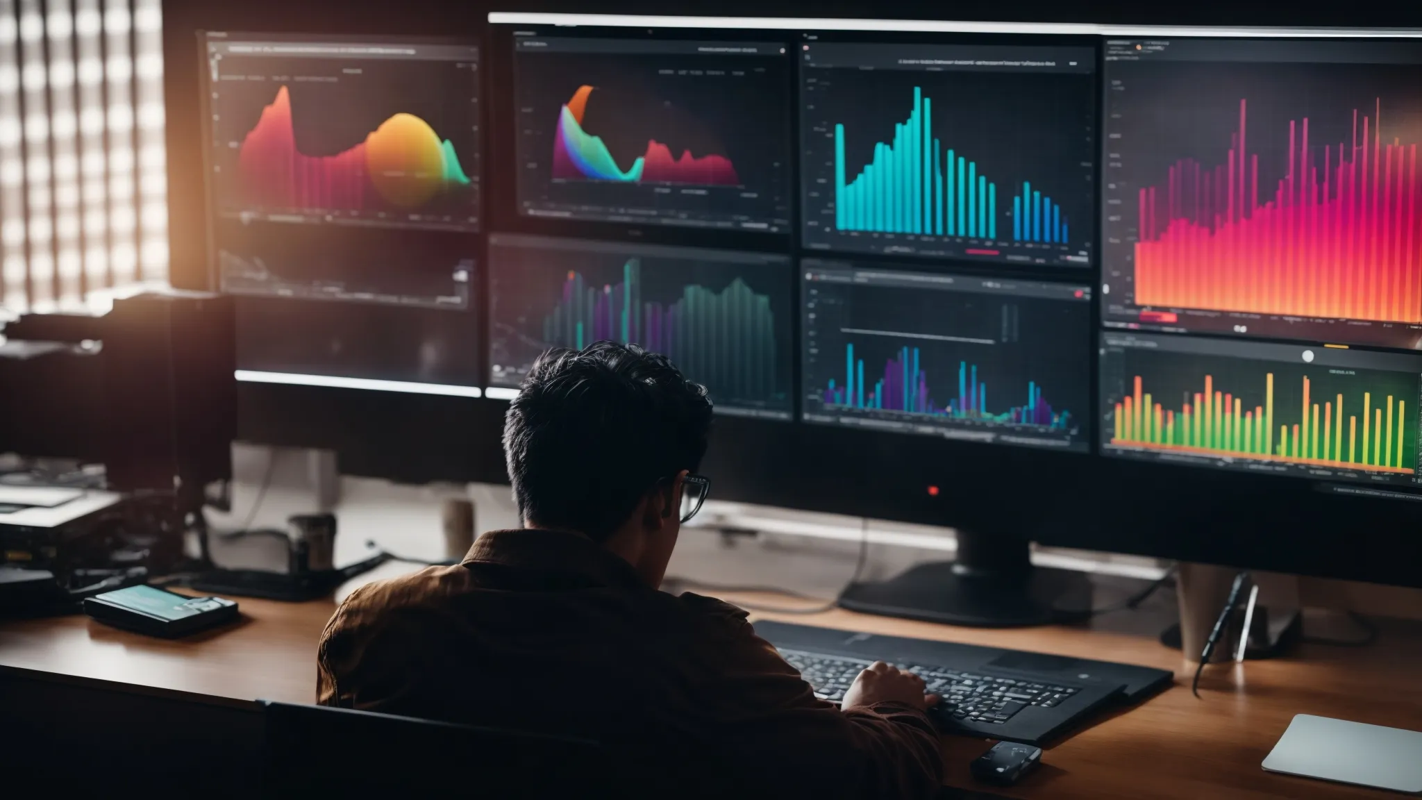 a person sitting at a computer analyzing colorful graphs and charts representing search engine data.