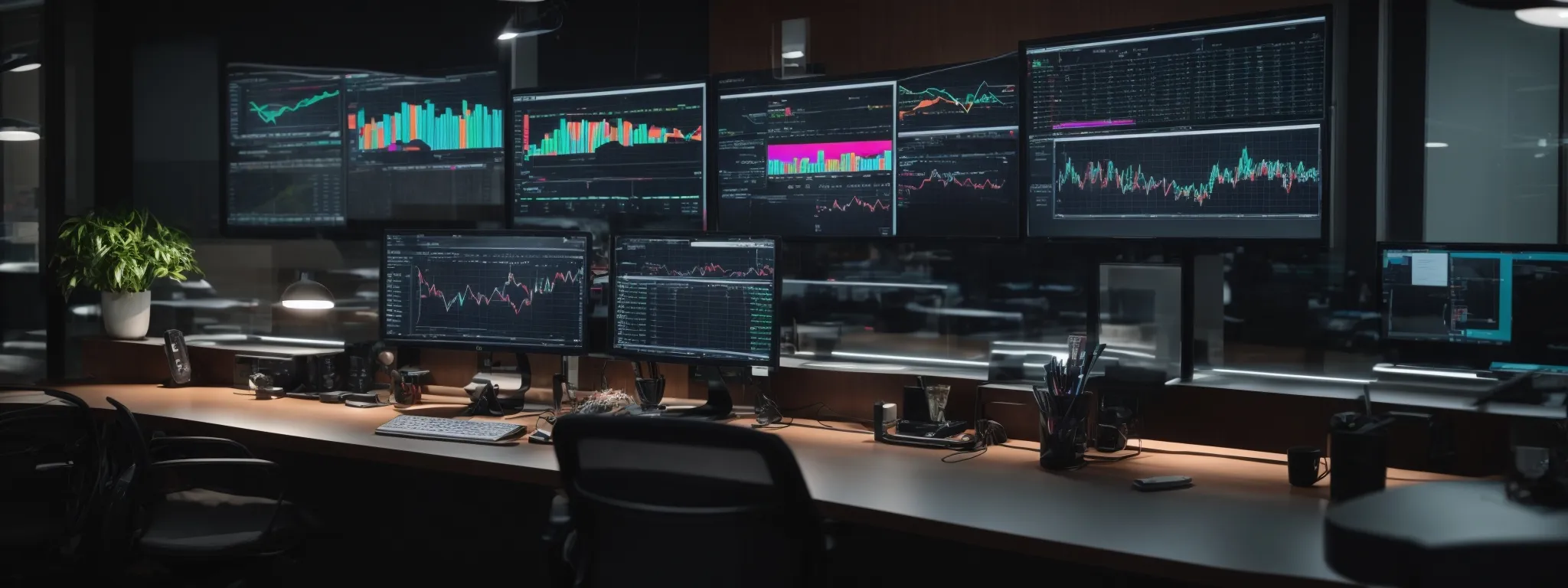a modern office scene with multiple computer screens displaying colorful analytics graphs and a centered search bar.