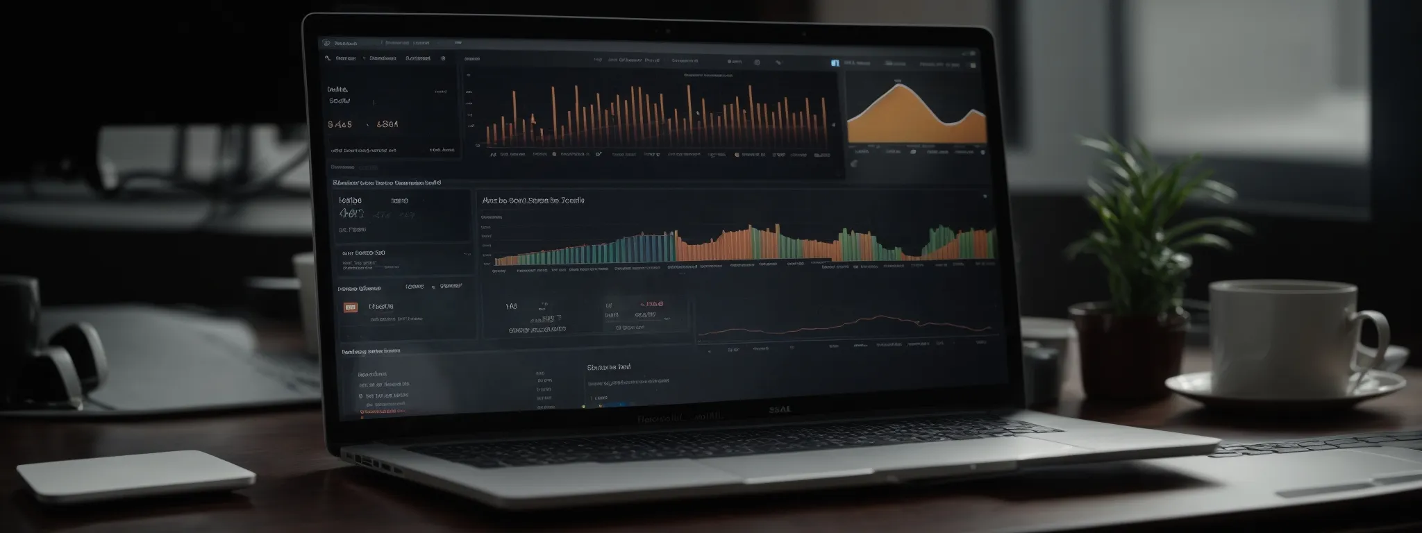 a desktop with an open laptop showing graphs and analytics on the screen, representing the innovative seo tool searchatlas in action.
