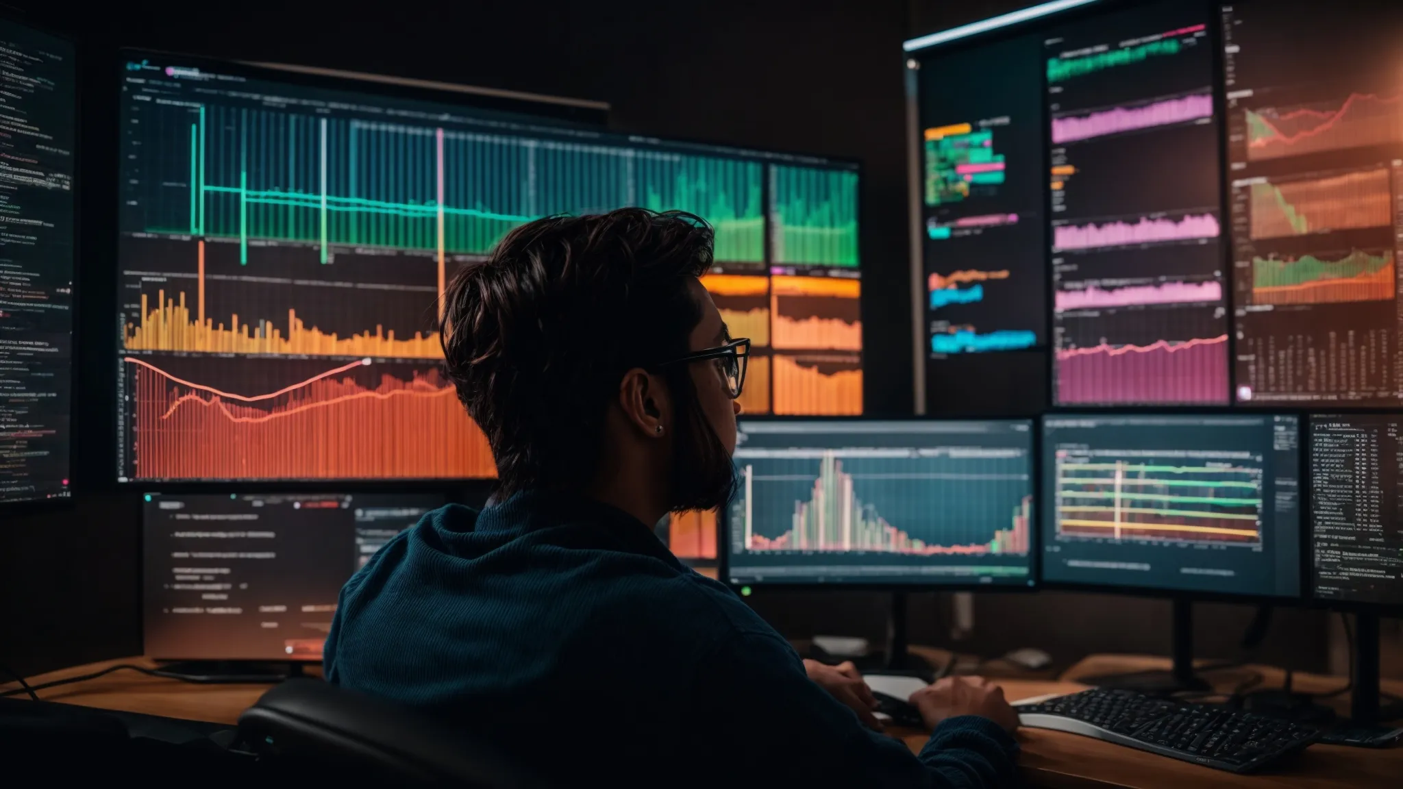 a person sitting in front of a computer screen filled with colorful seo graphs and keyword analytics charts.