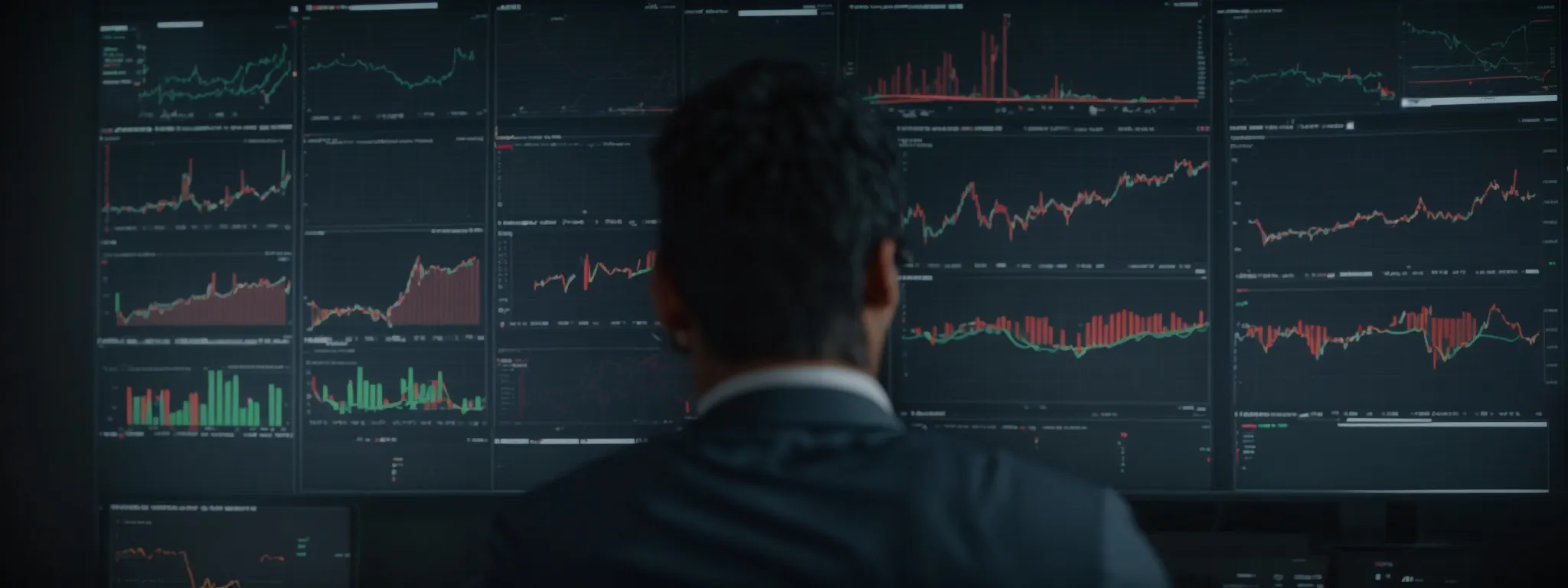 a strategist peers intently at a screen displaying various charts and graphs representing search engine data trends.