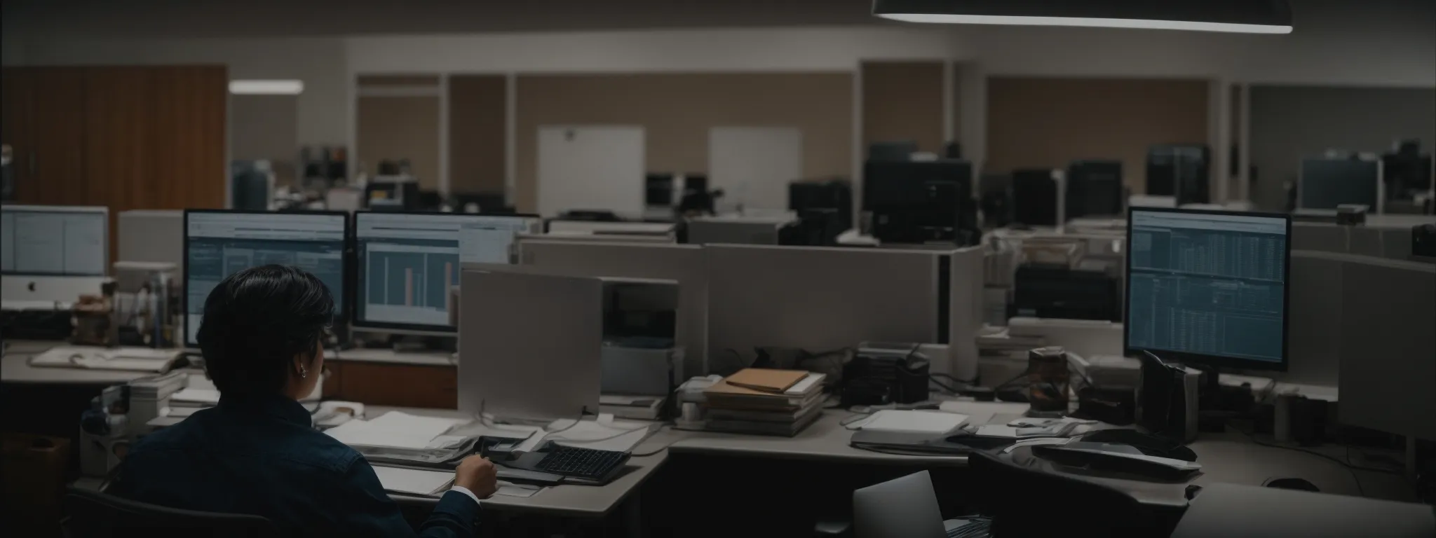 a person sitting at a desk, intently analyzing data on a computer screen in a well-organized office space.