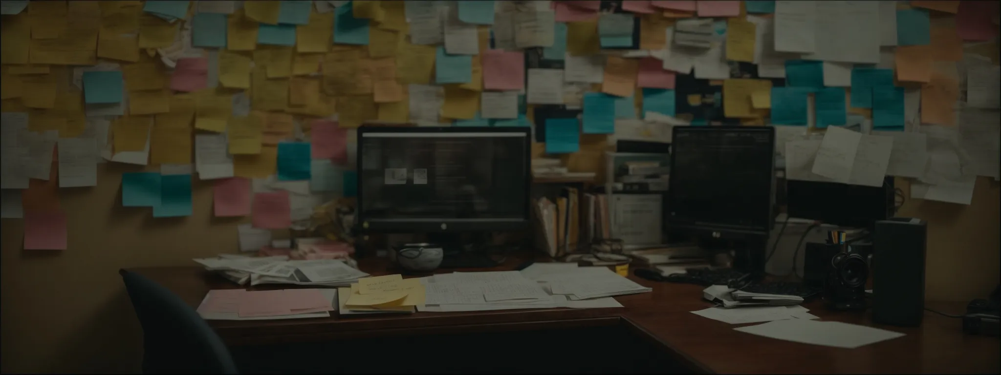 a person sitting at a desk, surrounded by sticky notes, books, and a computer screen displaying a search engine results page.