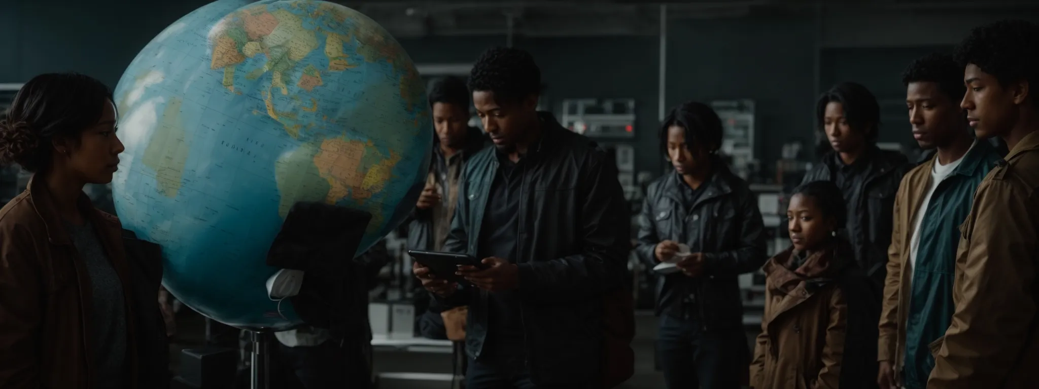 a diverse group of people stand around a globe, each with a digital tablet displaying search data.