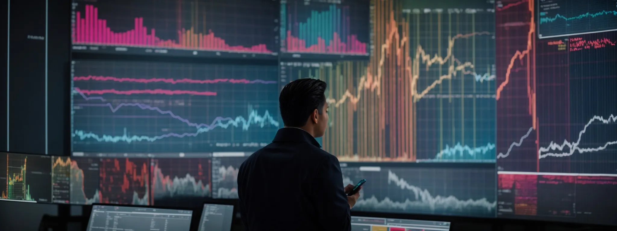 a strategist gazes intently at a large screen displaying colorful graphs and keyword trend analytics.