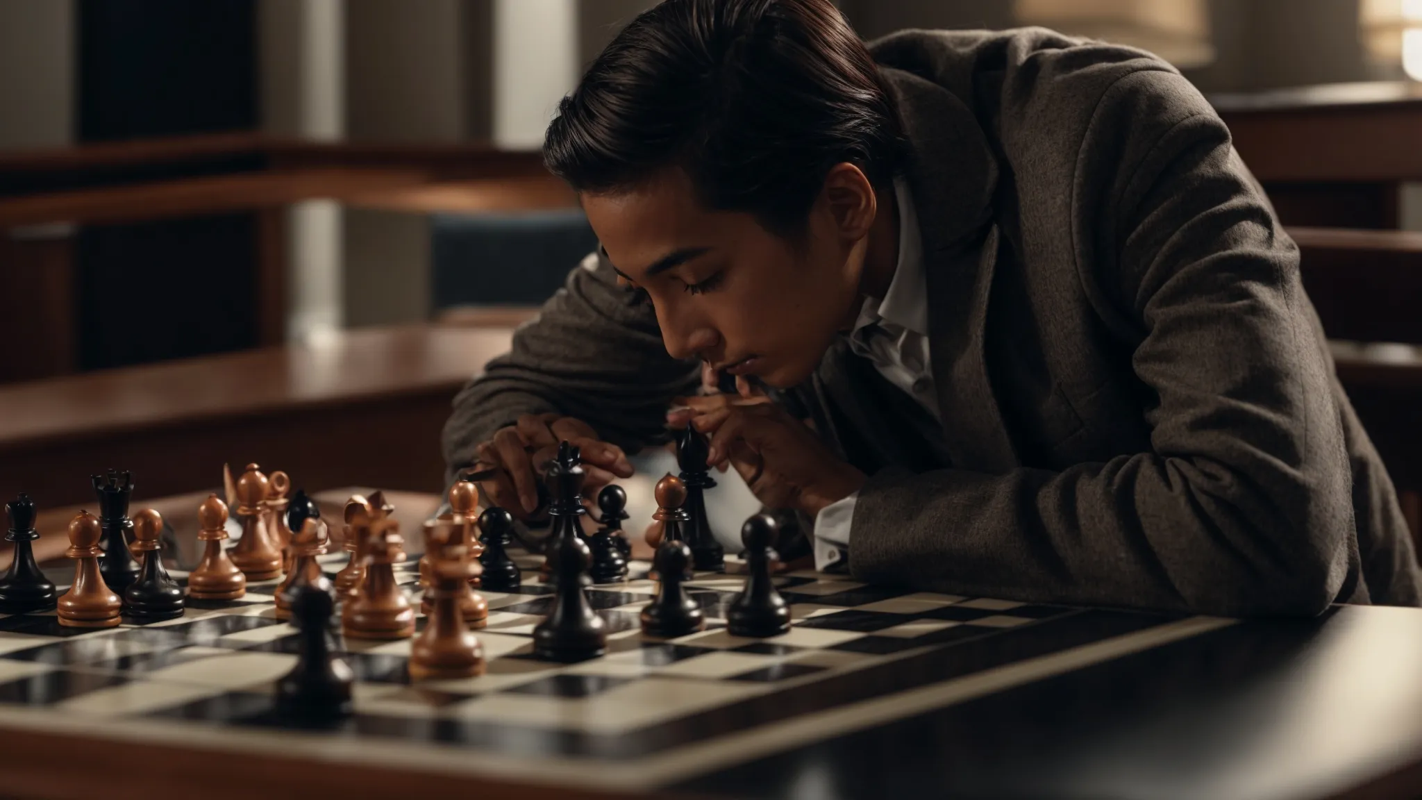 a chess player intently strategizes their next move on a chessboard, symbolizing the calculated adjustments in keyword strategy.
