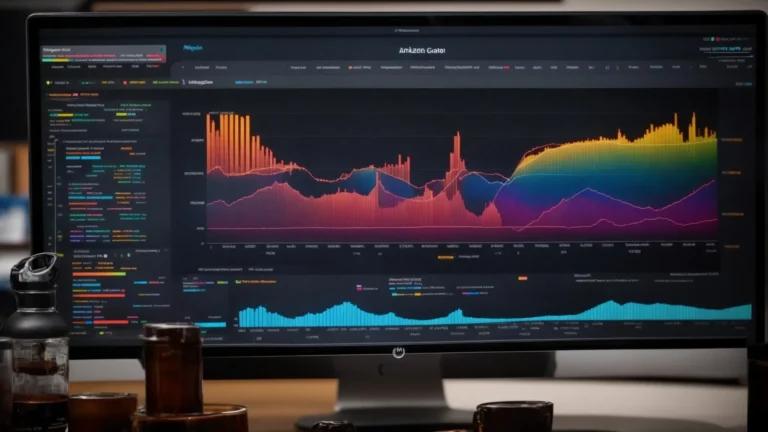 a computer screen displaying colorful graphs and data analysis charts related to amazon product searches, with a searchatlas logo in the corner.