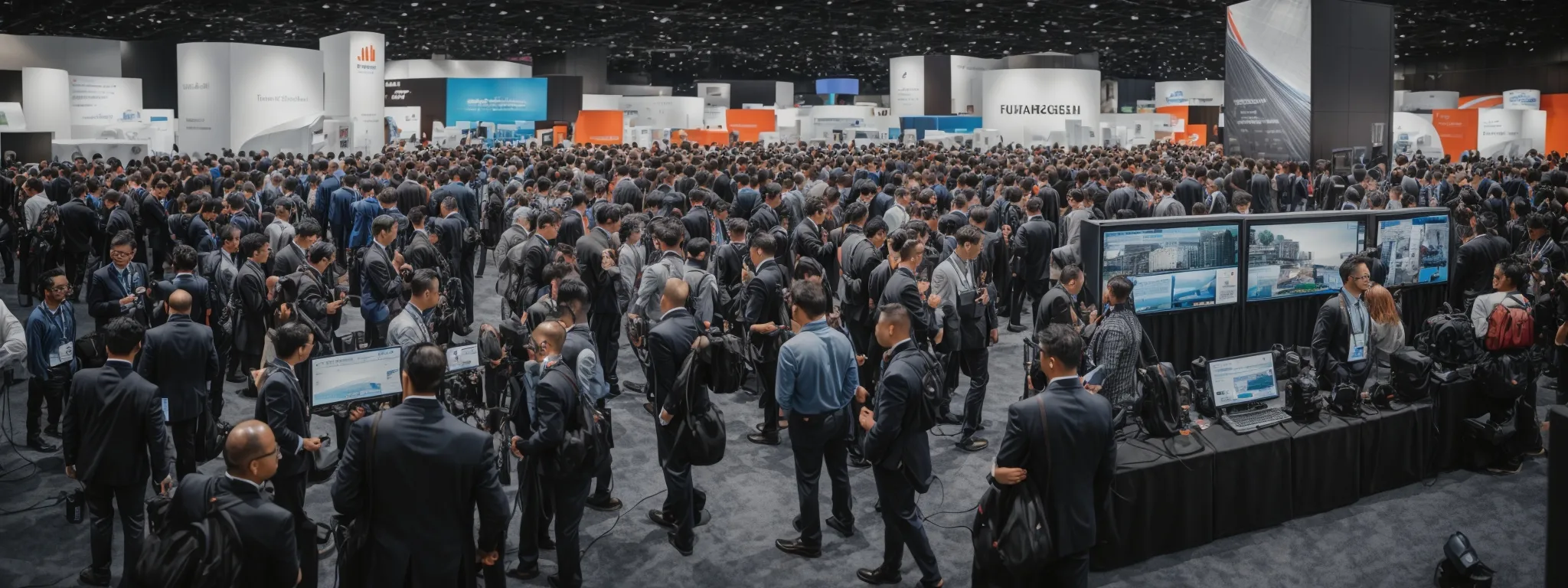 a wide-angle view of a bustling tech conference with a focus on a booth demonstrating seo software.
