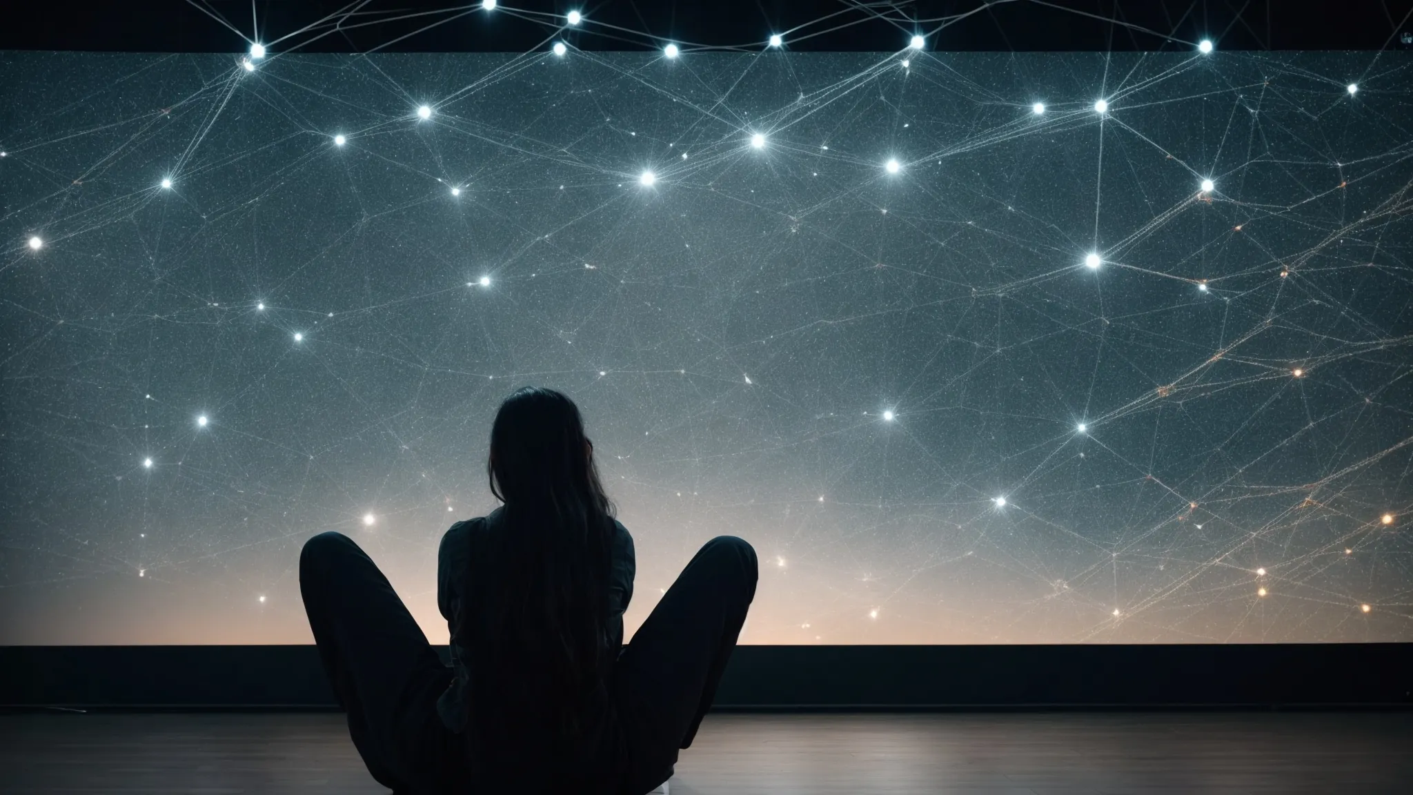 a person sits before a giant screen displaying a web of connected nodes symbolizing a search algorithm at work.