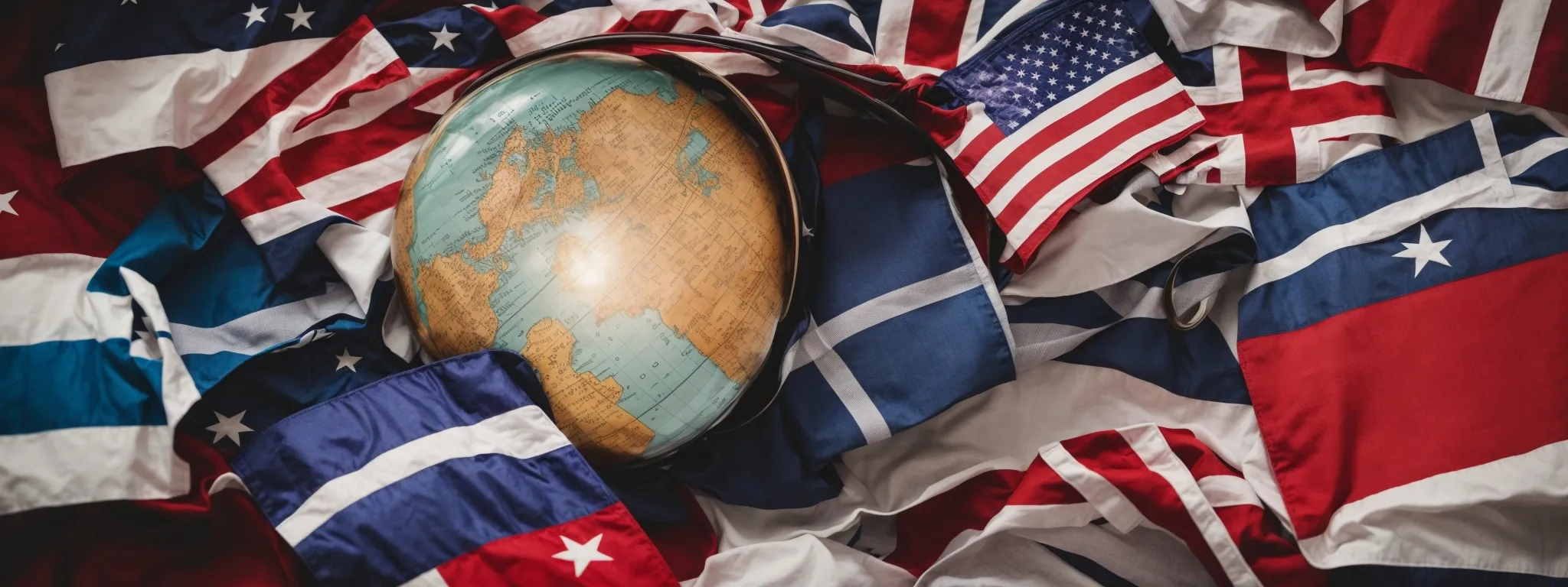 a globe surrounded by multiple flags with a magnifying glass hovering over it, symbolizing global keyword research.