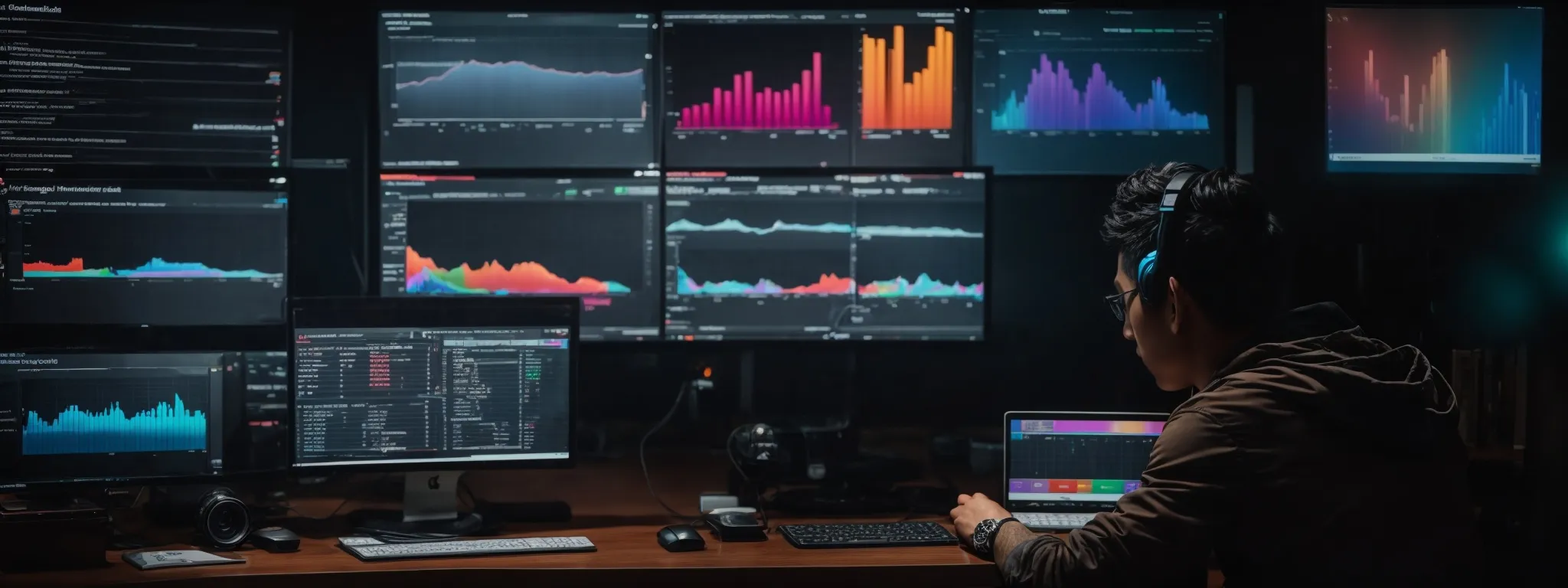 a content creator sits before a computer screen displaying colorful analytics and graphs related to youtube video performance.