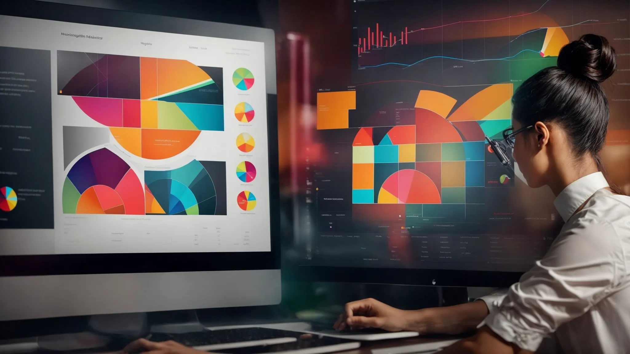 a diligent marketer analyses colorful pie charts and graphs on a computer screen, strategizing for a data-driven affiliate marketing campaign.