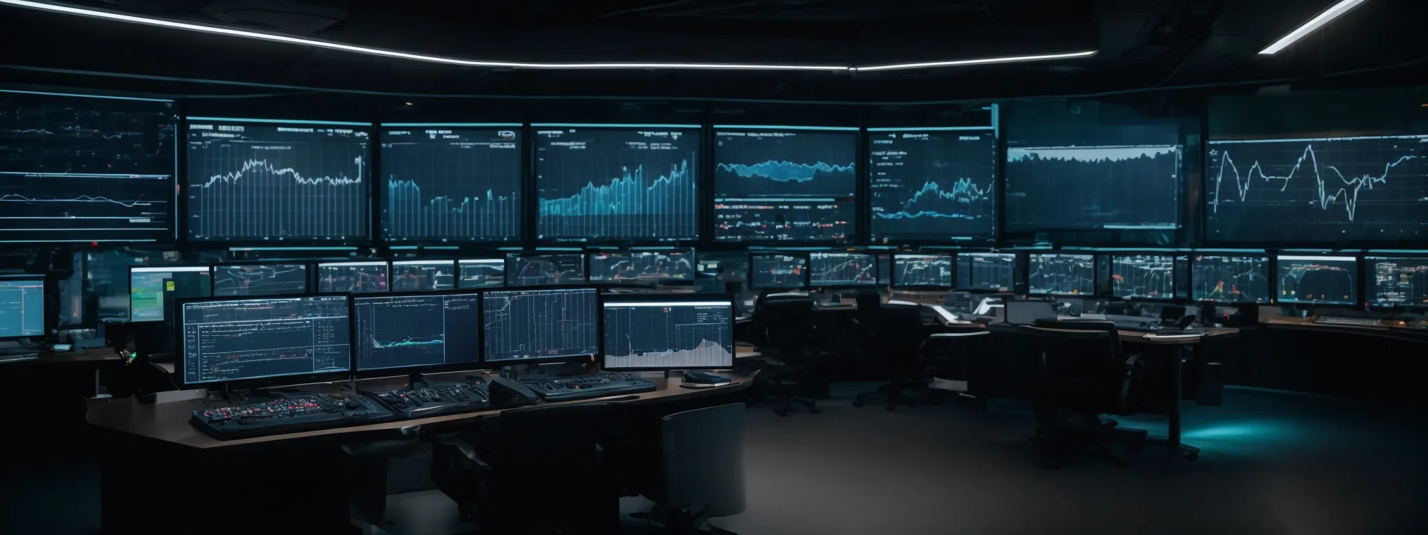 an expansive control room with futuristic screens displaying graphs and analytical data projecting seo trends.