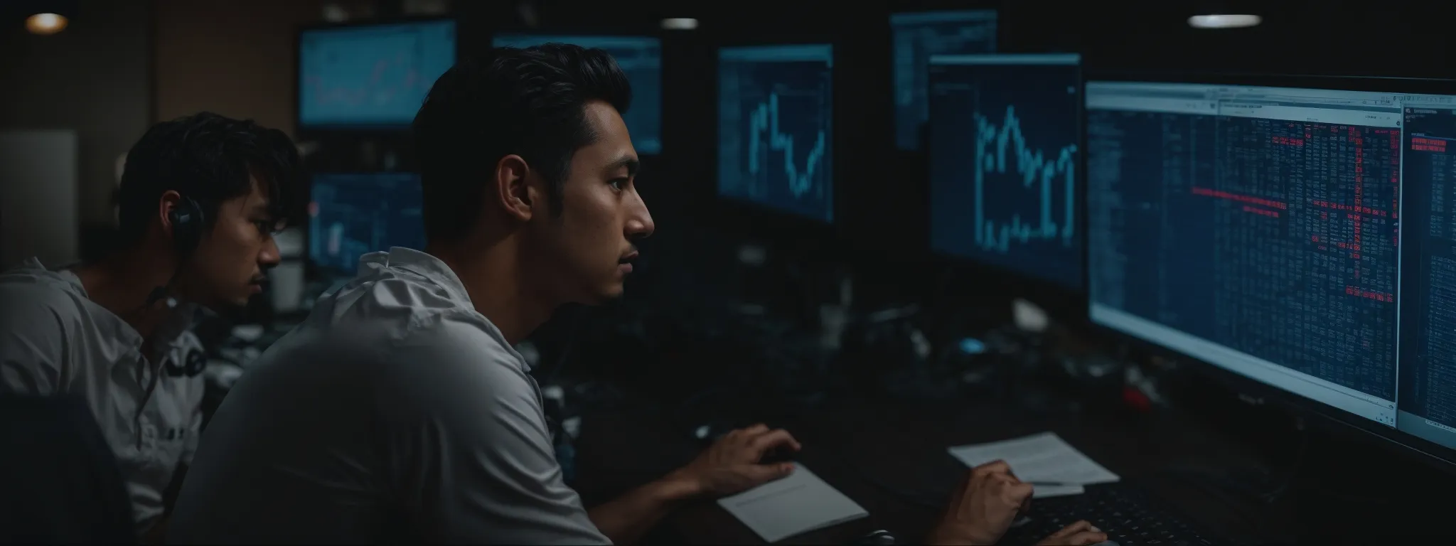 a digital marketer intently analyzes ahrefs keywords explorer on a computer screen, strategizing seo tactics.