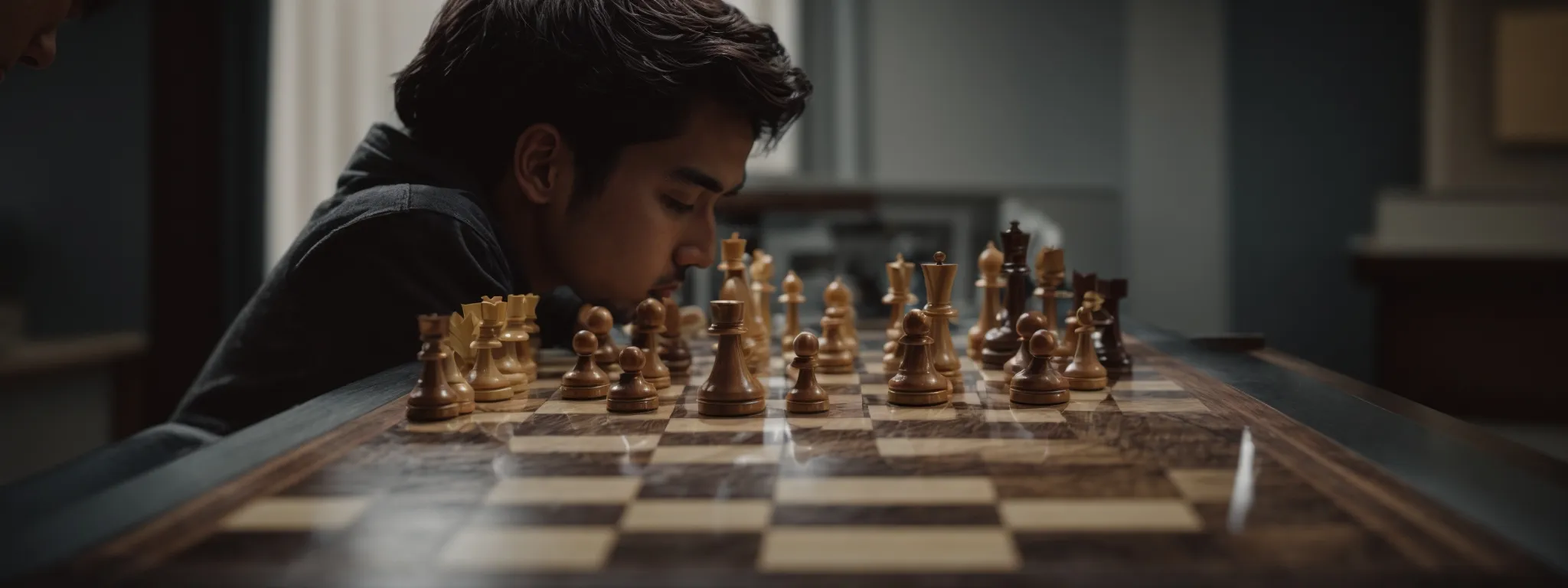 a chessboard with one player poised in deep contemplation, symbolizing strategic rivalry.