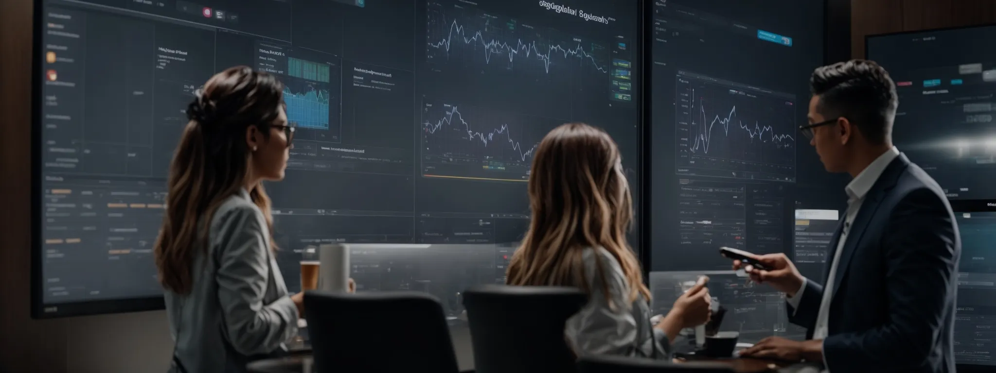 a diverse group of marketers brainstorming over a broad digital screen that displays trending search queries and analytics graphs.
