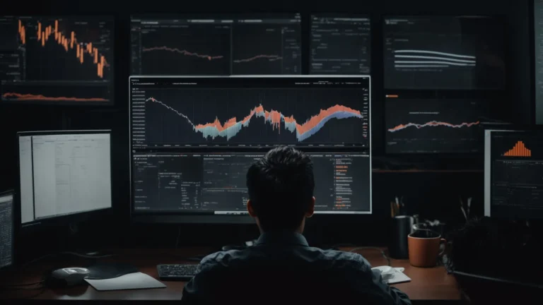 a person sitting at a computer with multiple browser tabs open, showcasing various keyword analytics graphs and data visualizations.