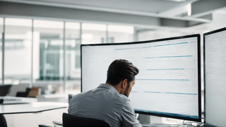 a person analyzing a list of trending search terms on a large computer screen in a bright office environment.