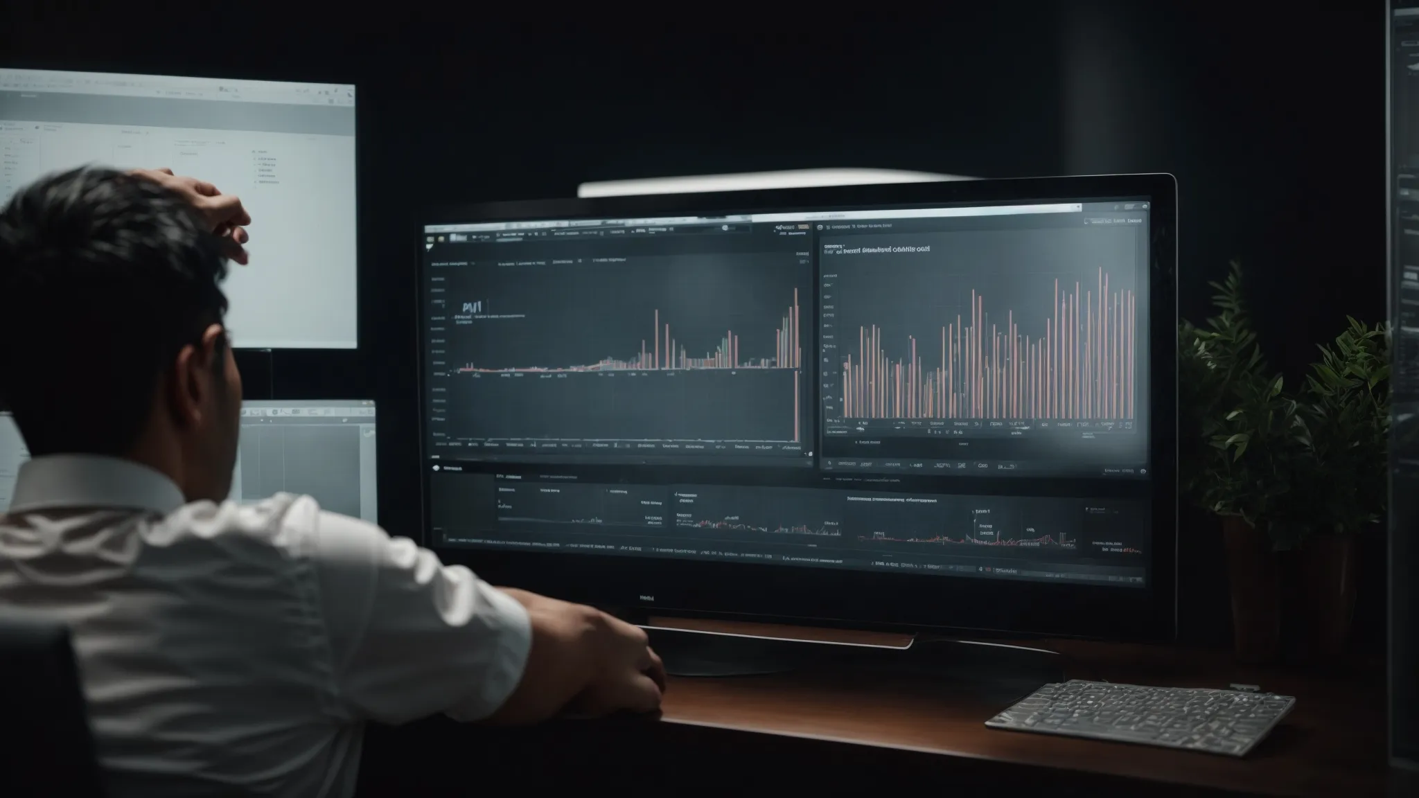 a marketer analyzes graphs on a computer screen displaying search term trends.