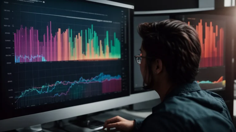 a person studying a complex chart on a computer screen with multiple colorful analytics graphs.