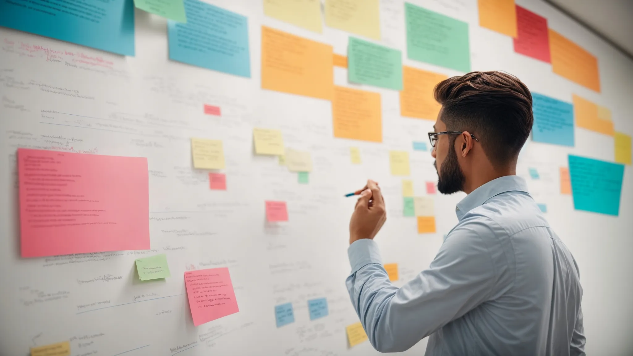a person reviewing colorful notes on a large whiteboard filled with marketing strategies and target keywords.