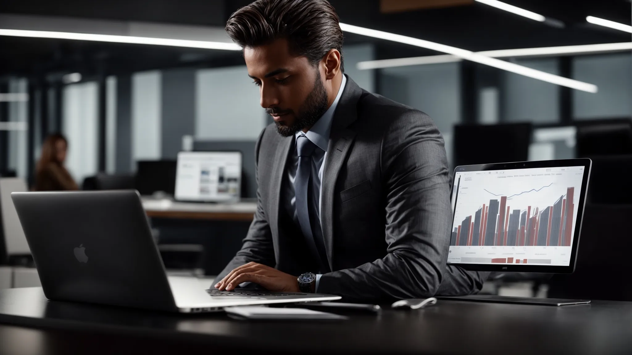a confident business professional clicks on a sleek laptop in a modern office, displaying analytics graphs for online performance.