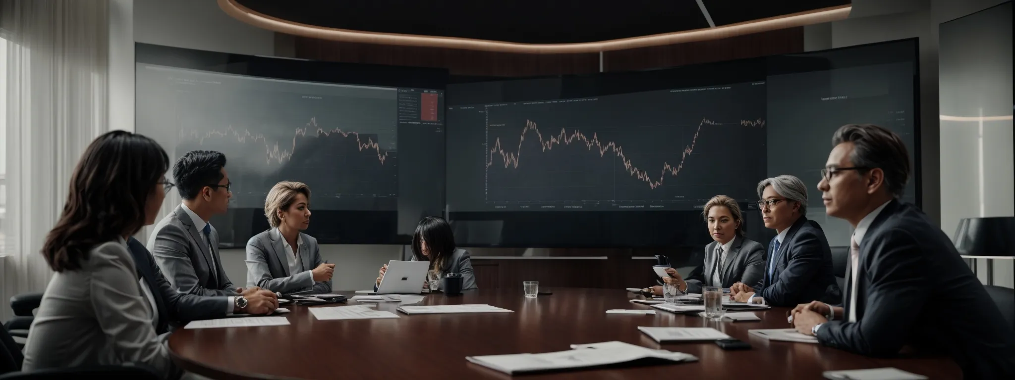 a strategic boardroom meeting in progress with executives reviewing graphs and charts displayed on a large screen.
