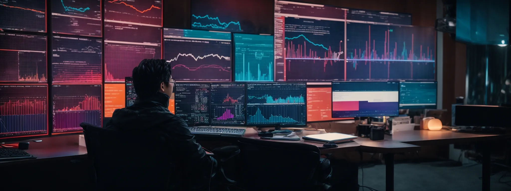 a person sitting before a large computer screen displaying vibrant graphs and data analytics related to seo keyword trends.