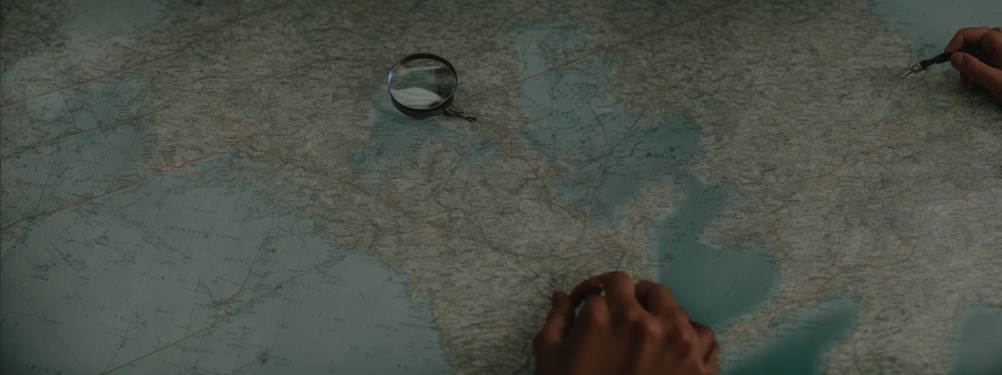 a person with a magnifying glass examining a complex map marked with various paths and intersections.
