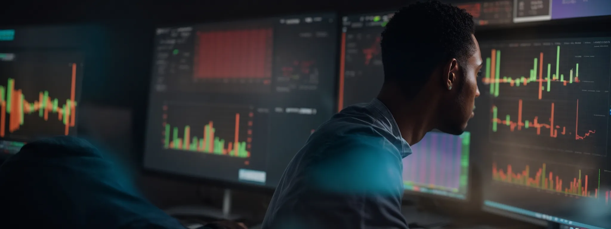 a focused individual gazes at a computer screen displaying colorful graphs and analytics data, signifying strategic keyword research.