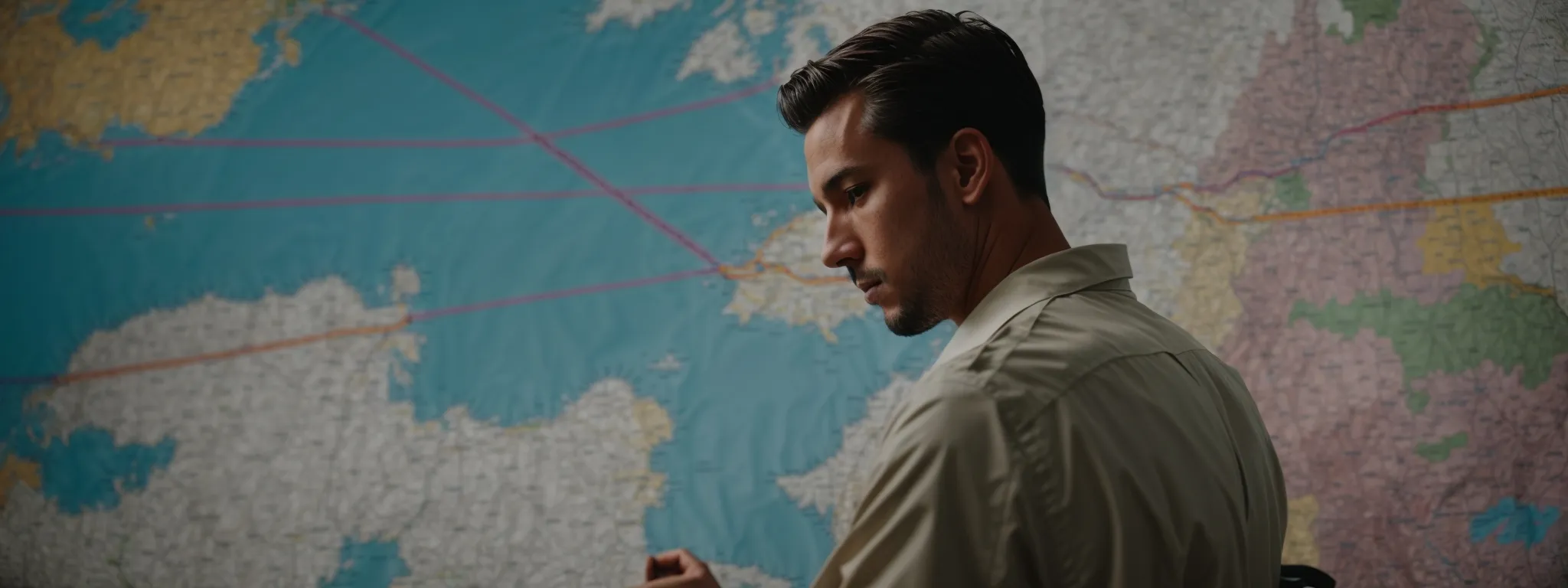 a strategist peers intently at a broad, colorful map dotted with markers and interconnected lines, representing a battlefield of seo dominance.