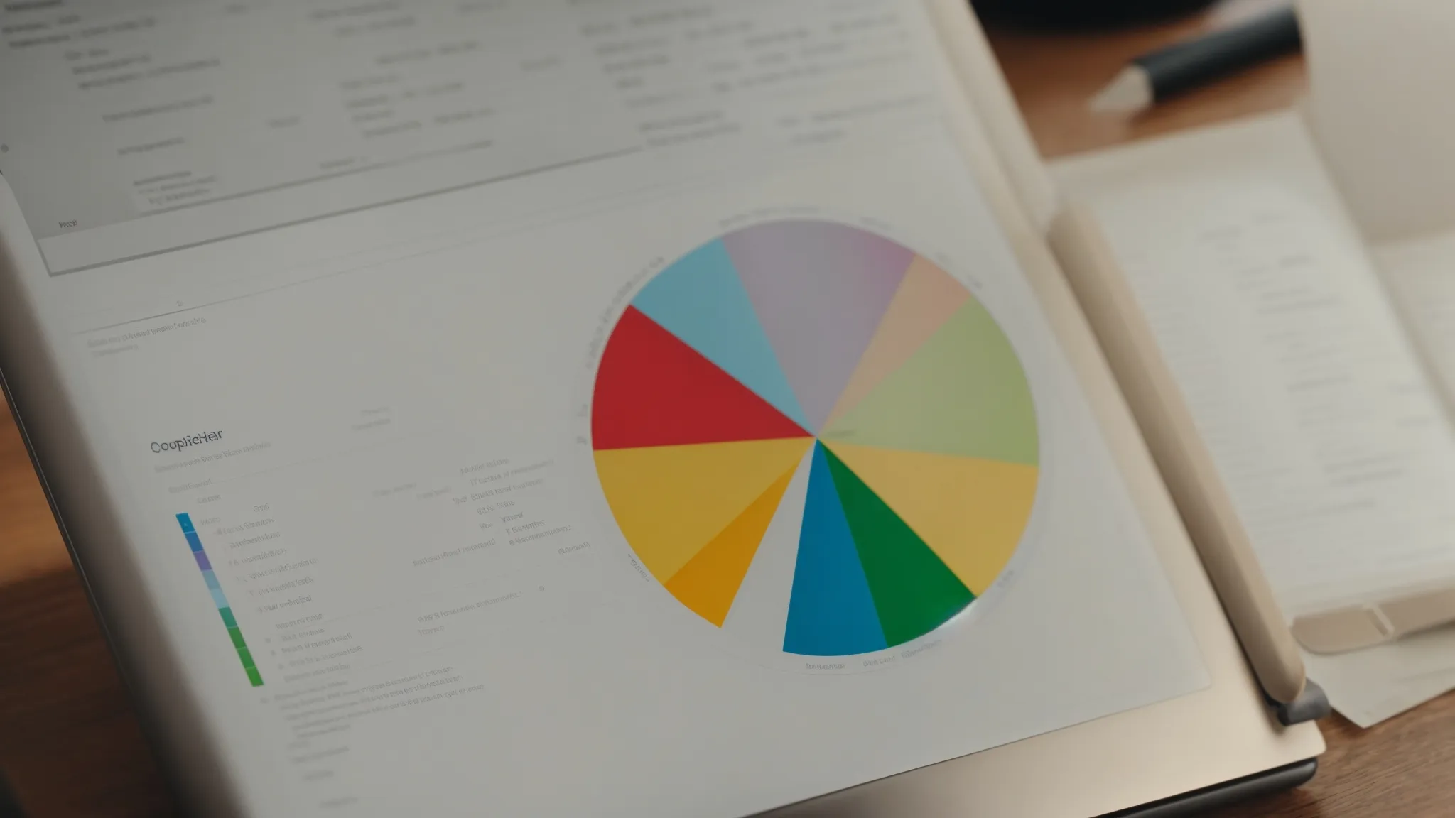 a person analyzing a colorful pie chart on a computer screen while taking notes on a notepad.