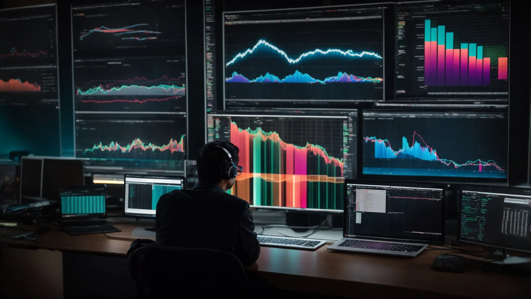 a person sits at a computer, intently analyzing colorful graphs and charts that depict search engine data trends.