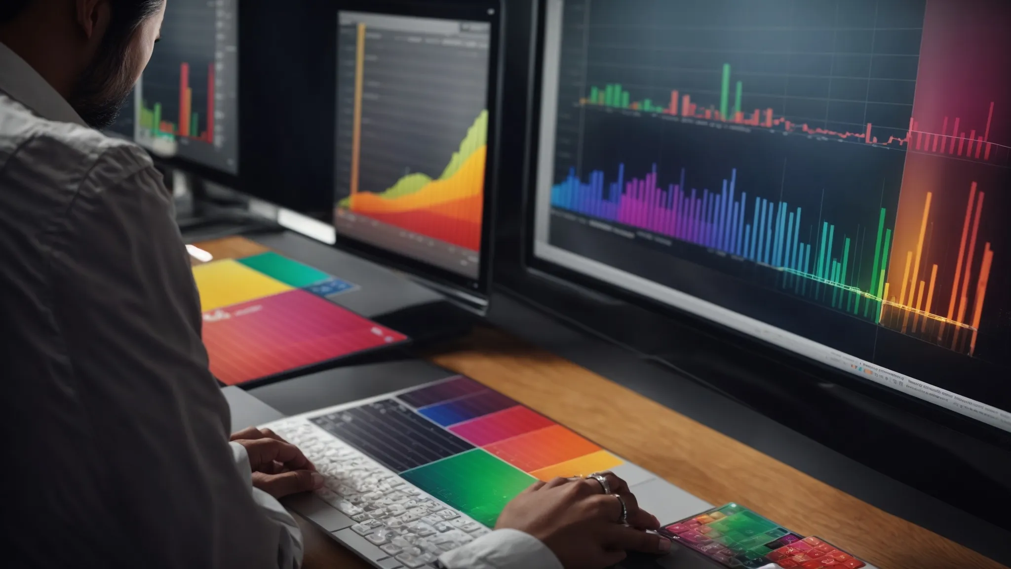 a marketer analyzing a colorful bar graph on a computer screen, signifying the popularity of various search terms.