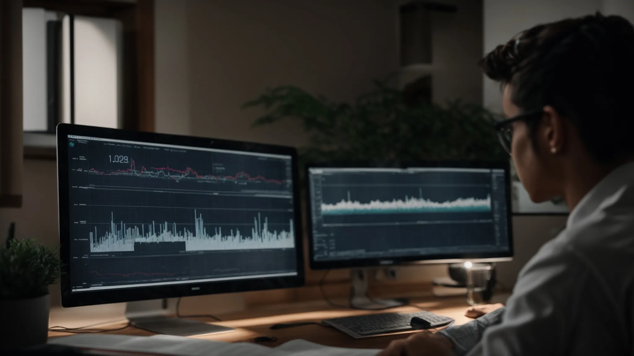 a person sits in front of a computer, analyzing graphs and data on the screen.
