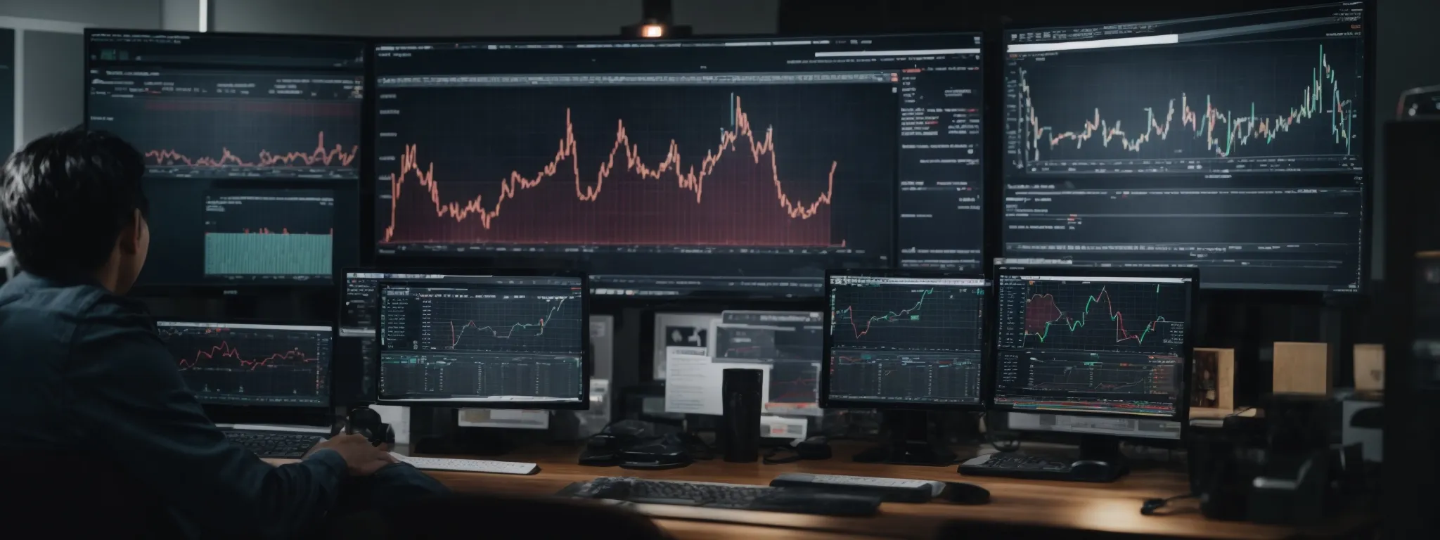 a person sitting at a computer with multiple charts and graphs on the screen, symbolizing data analysis and marketing strategy.