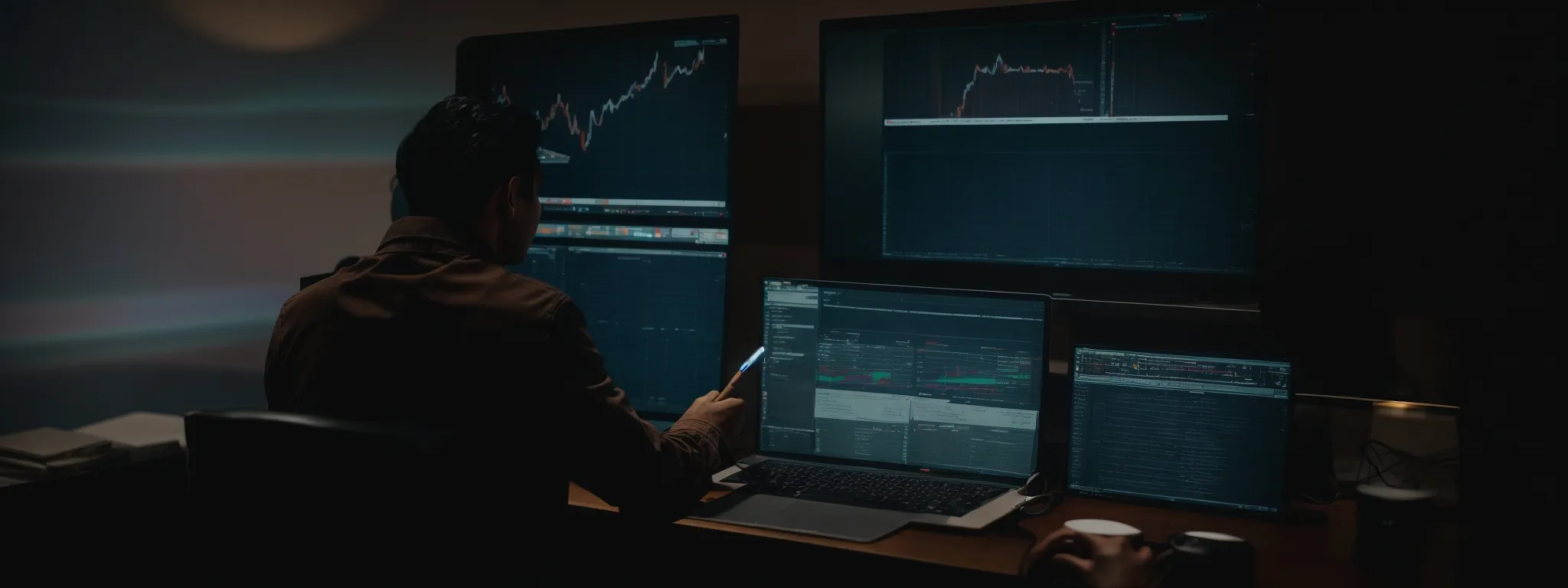 a person intently analyzing data on a computer screen, illustrating keyword strategy planning.