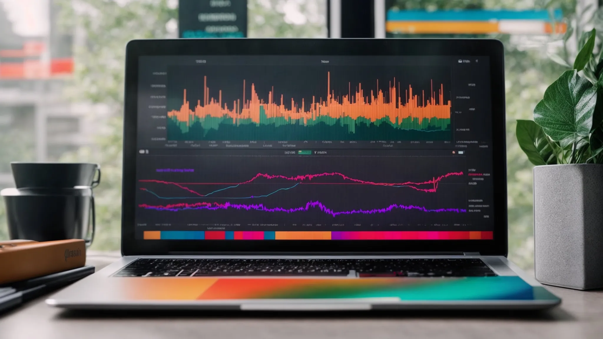 a laptop on a desk displaying colorful graphs and keyword analysis charts.