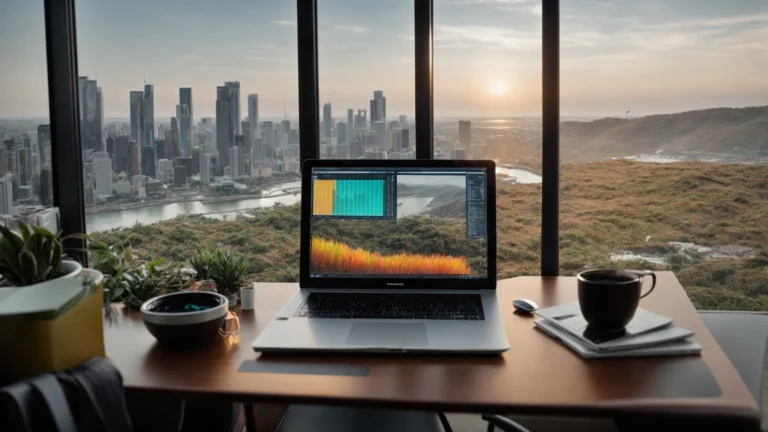 a person sits at a modern desk with a laptop displaying colorful graphs and data analysis while a serene view of nature or cityscape is visible in the background.