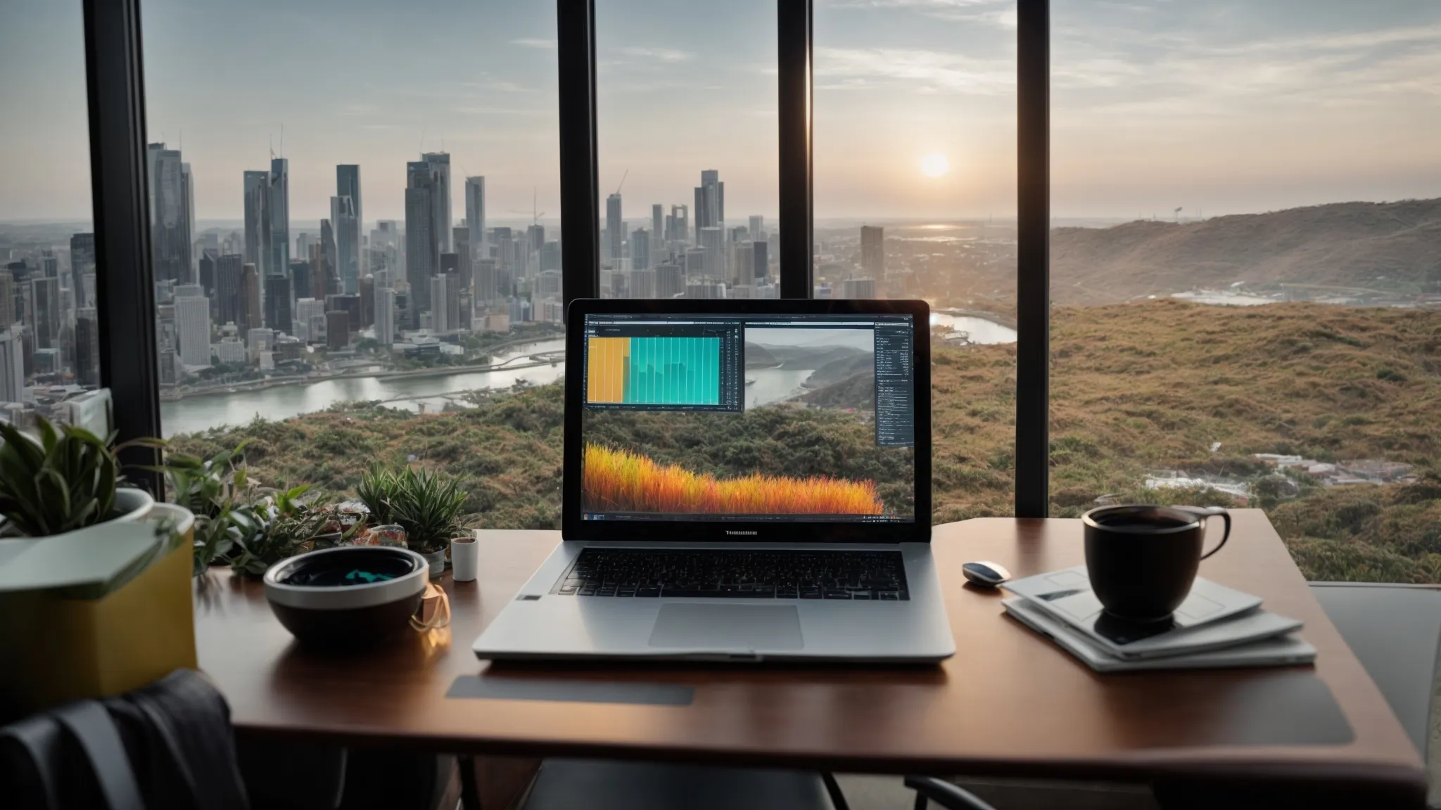 a person sits at a modern desk with a laptop displaying colorful graphs and data analysis while a serene view of nature or cityscape is visible in the background.