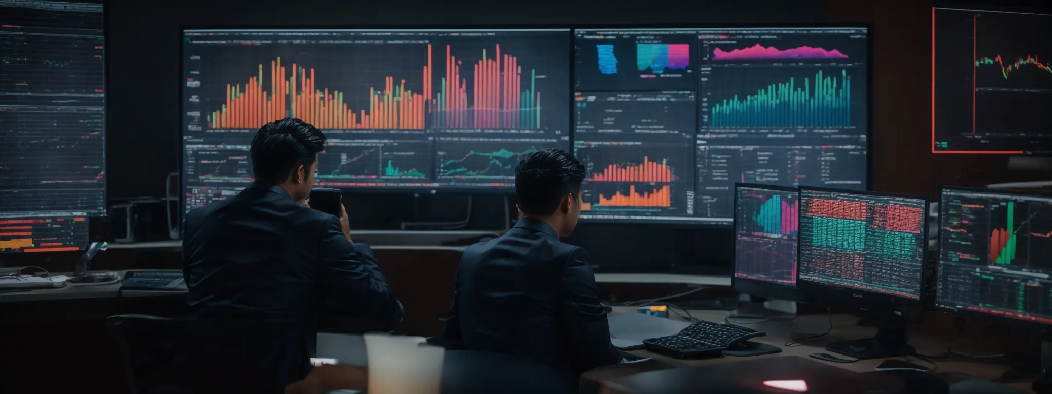 a marketer gazes intently at a large, glowing computer screen filled with colorful graphs and data analysis charts, symbolizing the use of searchatlas for tailoring bulk keyword strategies.