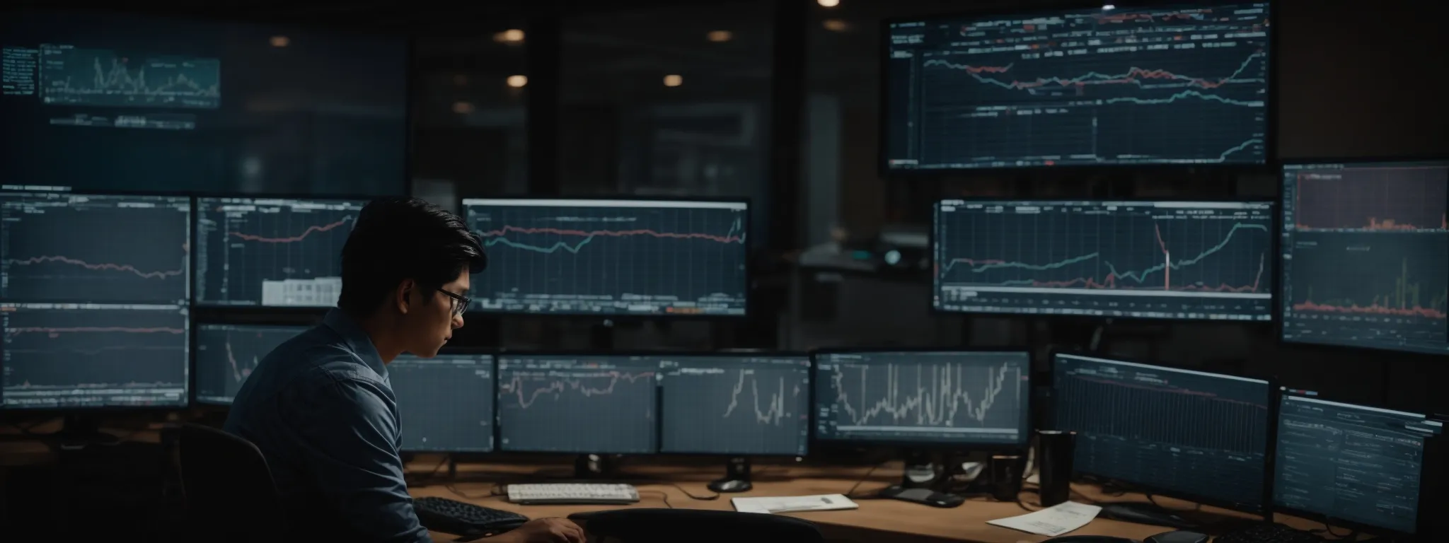 a professional sits before a computer screen displaying various charts and graphs indicative of keyword performance analytics.