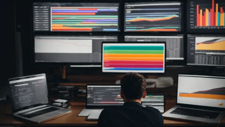 a person sits in front of a computer with multiple browser tabs open, analyzing colorful graphs and charts displaying search trends.