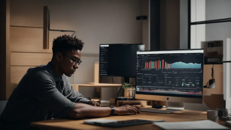 a person sits at a minimalist desk with a laptop open to a data analytics dashboard, highlighting search volumes and trends.