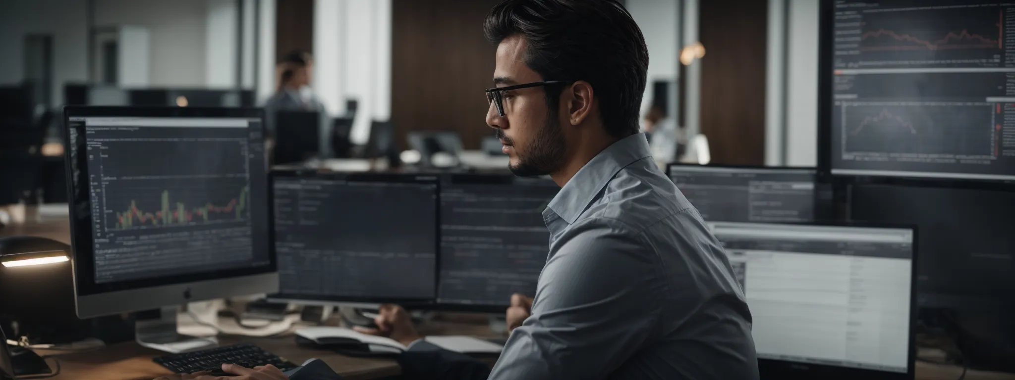 a focused individual analyzing seo metrics and charts on a computer screen within a modern office environment.