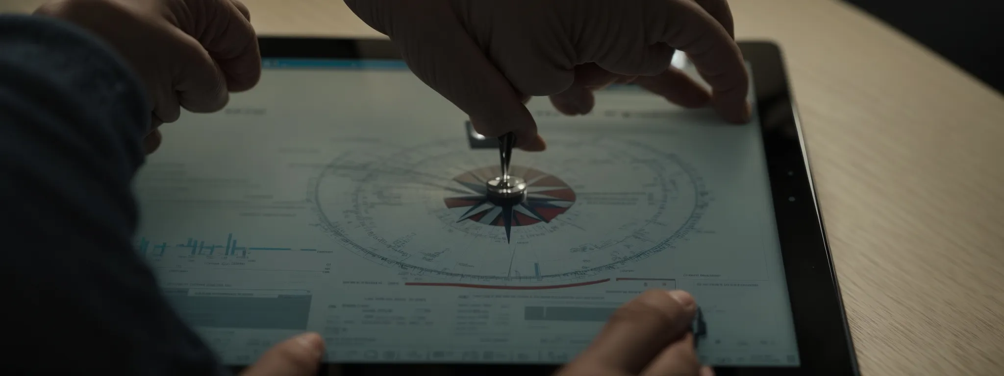a person examining a large compass on top of a digital tablet displaying analytics graphs, symbolizing strategic navigation through seo keyword research.