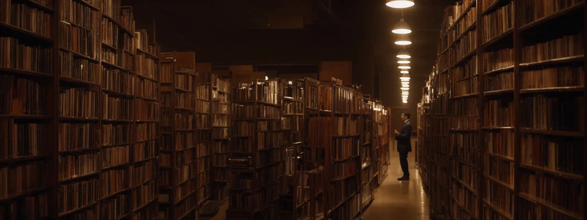 a person observes a vast library of books, symbolizing the search for in-depth knowledge within a world of information.
