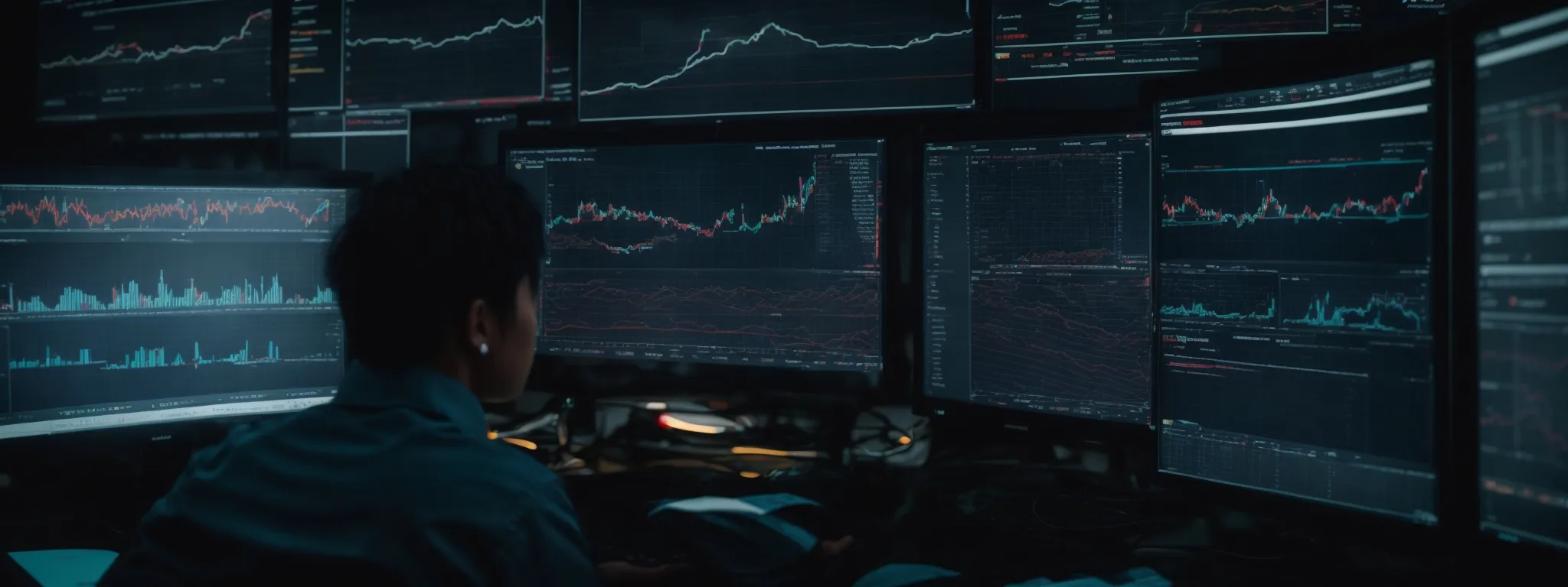 a focused individual analyzing a complex dashboard on a computer screen, depicting various graphs and data analytics.