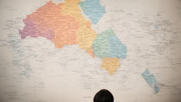 a person analyzing a world map covered in different colored markers representing various local keywords.